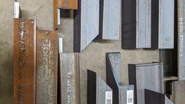 Cross-sections of structural steel UB, PFC, and angle profiles cut to length